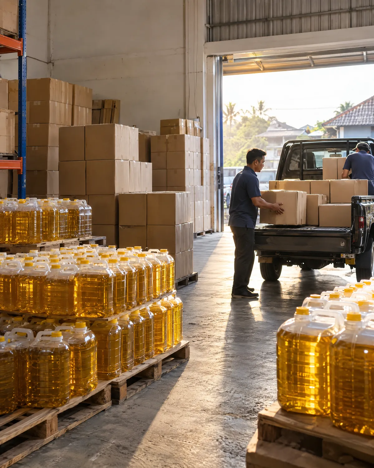 Tangki IBC berisi minyak goreng di samping mesin pom minyak