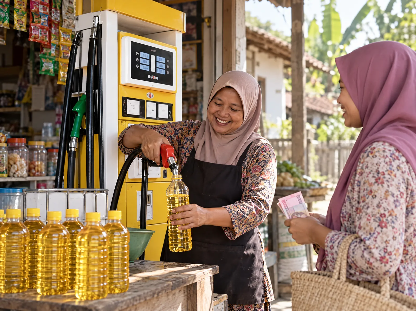 Pemilik warung mengisi botol minyak goreng dari mesin pom untuk pelanggan